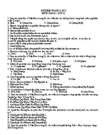 Đề kiểm tra học kì 2 môn Địa lí 12 - Trường THPT Nguyễn Thị Minh Khai (Có đáp án)