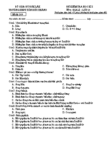 Đề kiểm tra học kì I môn Địa lí 10 - Mã đề 109 - Năm học 2016-2017 - Trường THPT Tôn Đức Thắng (Kèm đáp án)