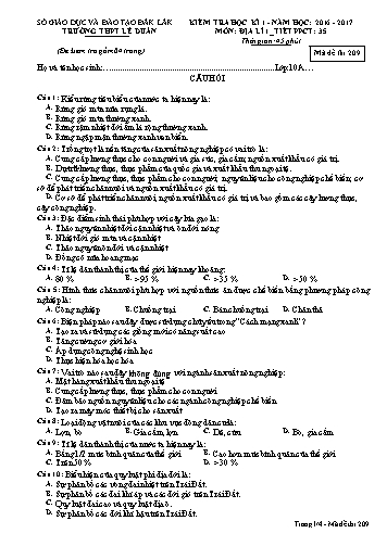 Đề kiểm tra học kì I môn Địa lí 10 - Mã đề 209 - Năm học 2016-2017 - Trường THPT Lê Duẩn (Kèm đáp án)