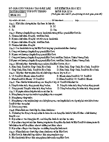 Đề kiểm tra học kì I môn Địa lí 10 - Mã đề 241 - Năm học 2016-2017 - Trường THPT Tôn Đức Thắng