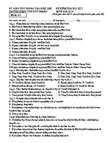 Đề kiểm tra học kì I môn Địa lí 10 - Mã đề 246 - Năm học 2016-2017 - Trường THPT Tôn Đức Thắng