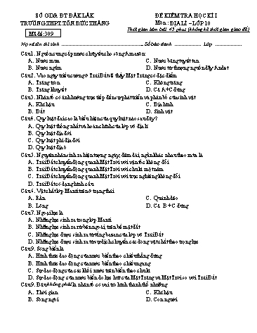 Đề kiểm tra học kì I môn Địa lí 10 - Mã đề 309 - Năm học 2016-2017 - Trường THPT Tôn Đức Thắng (Kèm đáp án)