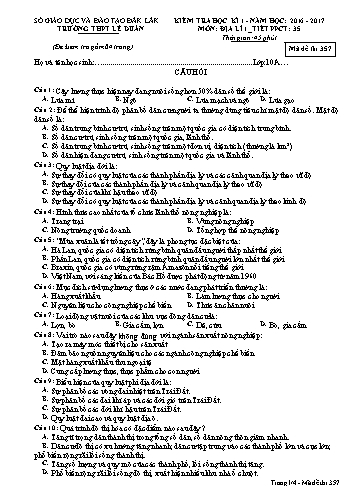 Đề kiểm tra học kì I môn Địa lí 10 - Mã đề 357 - Năm học 2016-2017 - Trường THPT Lê Duẩn (Kèm đáp án)