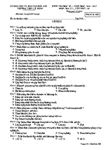 Đề kiểm tra học kì I môn Địa lí 10 - Mã đề 485 - Năm học 2016-2017 - Trường THPT Lê Duẩn (Kèm đáp án)