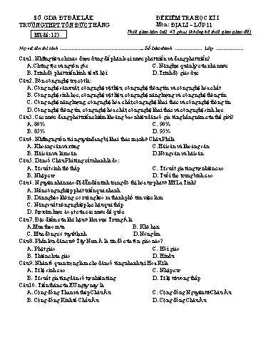 Đề kiểm tra học kì I môn Địa lí 11 - Mã đề 123 - Năm học 2016-2017 - Trường THPT Tôn Đức Thắng (Kèm đáp án)
