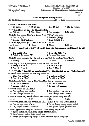 Đề kiểm tra học kì I môn Địa lí 11 - Mã đề 209 - Năm học 2016-2017 - Trường Văn hóa 3 (Kèm đáp án)
