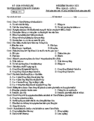 Đề kiểm tra học kì I môn Địa lí 11 - Mã đề 213 - Năm học 2016-2017 - Trường THPT Tôn Đức Thắng (Kèm đáp án)