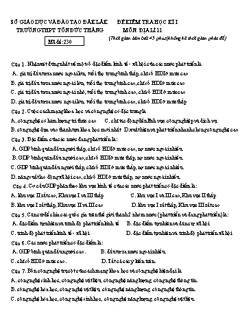 Đề kiểm tra học kì I môn Địa lí 11 - Mã đề 230 - Năm học 2016-2017 - Trường THPT Tôn Đức Thắng