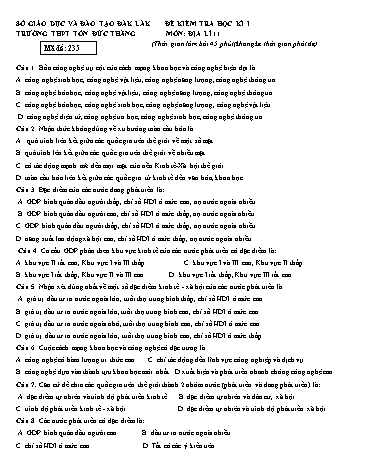 Đề kiểm tra học kì I môn Địa lí 11 - Mã đề 235 - Năm học 2016-2017 - Trường THPT Tôn Đức Thắng