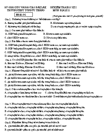 Đề kiểm tra học kì I môn Địa lí 11 - Mã đề 241 - Năm học 2016-2017 - Trường THPT Tôn Đức Thắng