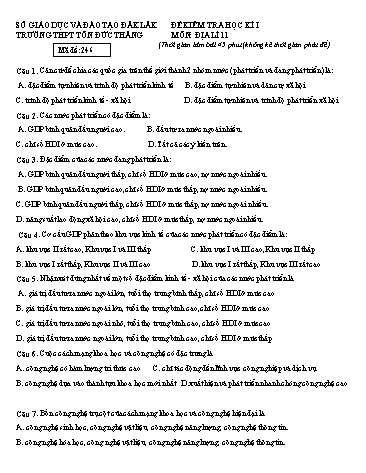 Đề kiểm tra học kì I môn Địa lí 11 - Mã đề 246 - Năm học 2016-2017 - Trường THPT Tôn Đức Thắng