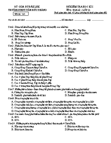Đề kiểm tra học kì I môn Địa lí 11 - Mã đề 301 - Năm học 2016-2017 - Trường THPT Tôn Đức Thắng (Kèm đáp án)