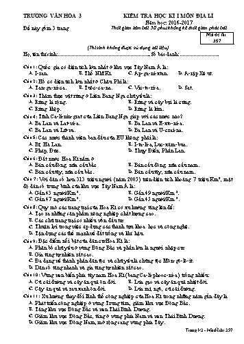 Đề kiểm tra học kì I môn Địa lí 11 - Mã đề 357 - Năm học 2016-2017 -  Trường Văn hóa 3 (Kèm đáp án)