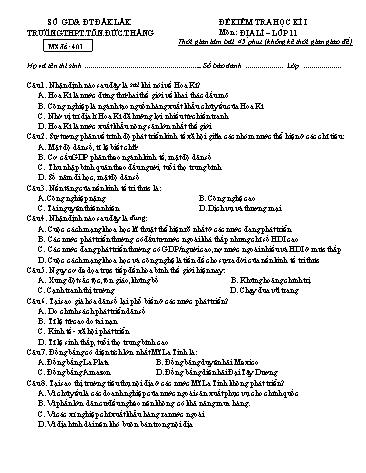 Đề kiểm tra học kì I môn Địa lí 11 - Mã đề 401 - Năm học 2016-2017 - Trường THPT Tôn Đức Thắng (Kèm đáp án)