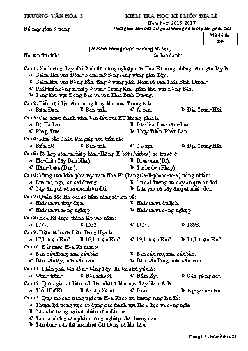 Đề kiểm tra học kì I môn Địa lí 11 - Mã đề 485 - Năm học 2016-2017 -  Trường Văn hóa 3 (Kèm đáp án)