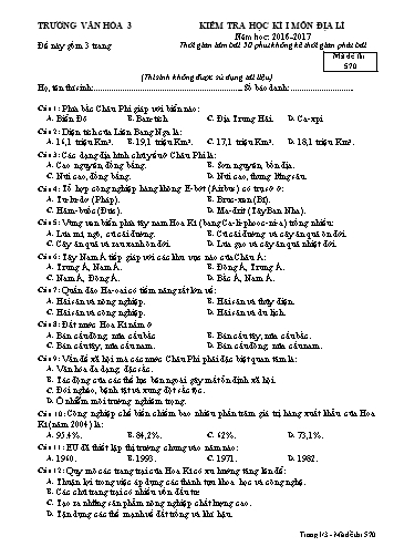 Đề kiểm tra học kì I môn Địa lí 11 - Mã đề 570 - Năm học 2016-2017 - Trường Văn hóa 3 (Kèm đáp án)