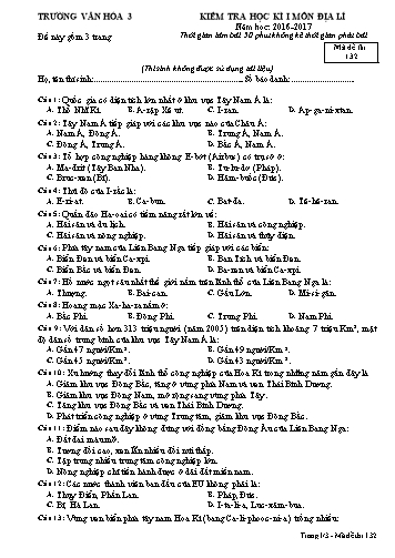 Đề kiểm tra học kì I môn Địa lí Lớp 11 - Mã đề 132 - Năm học 2016-2017 - Trường Văn hóa 3 (Kèm đáp án)