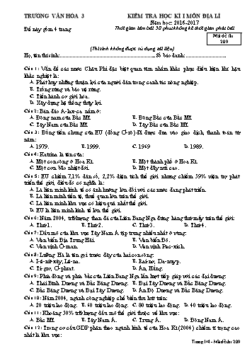 Đề kiểm tra học kì I môn Địa lí Lớp 11 - Mã đề 209 - Năm học 2016-2017 - Trường Văn hóa 3 (Kèm đáp án)