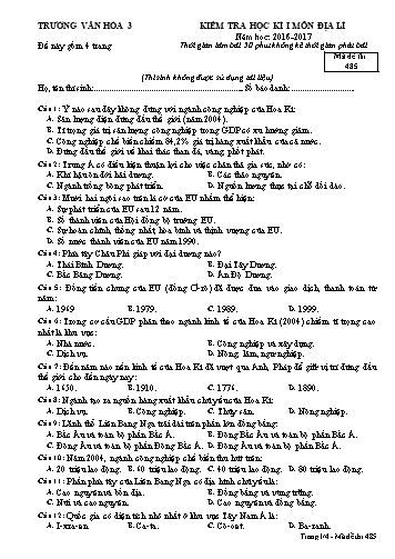 Đề kiểm tra học kì I môn Địa lí Lớp 11 - Mã đề 485 - Năm học 2016-2017 - Trường Văn hóa 3 (Kèm đáp án)