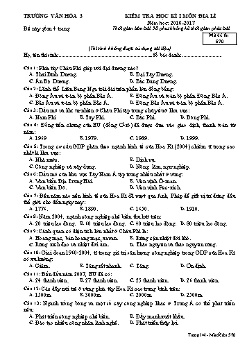 Đề kiểm tra học kì I môn Địa lí Lớp 11 - Mã đề 570 - Năm học 2016-2017 - Trường Văn hóa 3 (Kèm đáp án)