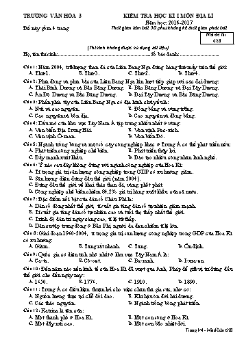 Đề kiểm tra học kì I môn Địa lí Lớp 11 - Mã đề 628 - Năm học 2016-2017 - Trường Văn hóa 3 (Kèm đáp án)