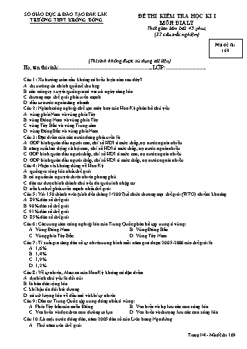 Đề kiểm tra học kì I môn Địa lý 11 - Mã đề 169 - Trường THPT Krông Bông (Kèm đáp án)