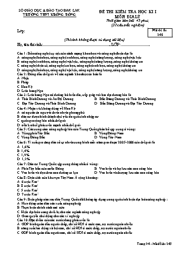 Đề kiểm tra học kì I môn Địa lý 11 - Mã đề 245 - Trường THPT Krông Bông (Kèm đáp án)