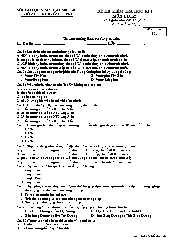 Đề kiểm tra học kì I môn Địa lý 11 - Mã đề 326 - Trường THPT Krông Bông (Kèm đáp án)