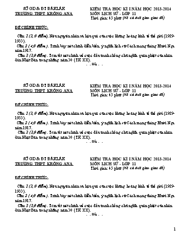 Đề kiểm tra học kì I môn Lịch sử 11 - Trường THPT Krông Ana (Có đáp án)
