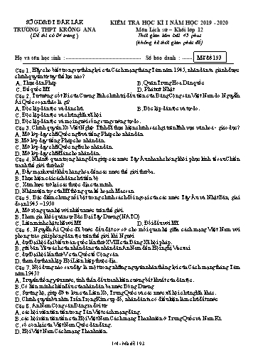 Đề kiểm tra học kì I môn Lịch sử 12 - Mã đề 193 - Năm học 2019-2020 - Trường THPT Krông Ana