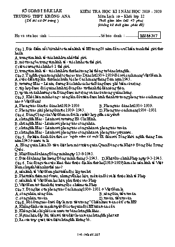Đề kiểm tra học kì I môn Lịch sử 12 - Mã đề 307 - Năm học 2019-2020 - Trường THPT Krông Ana (Kèm đáp án)