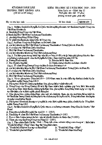 Đề kiểm tra học kì I môn Lịch sử 12 - Mã đề 435 - Năm học 2019-2020 - Trường THPT Krông Ana (Kèm đáp án)