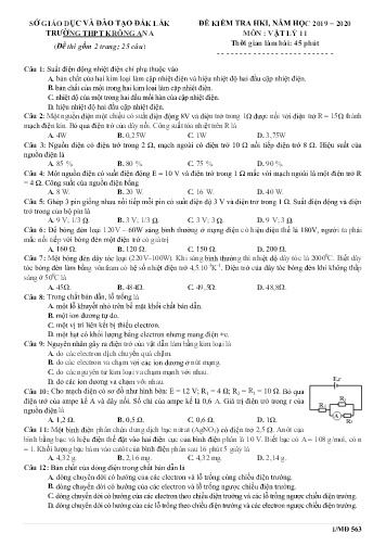 Đề kiểm tra học kì I môn Vật lý 11 - Mã đề 563 - Năm học 2019-2020 - Trường THPT Krông Ana