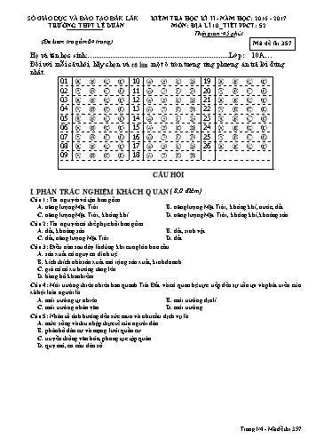 Đề kiểm tra học kì II môn Địa lí 10 - Mã đề 357 - Năm học 2016-2017 - Trường THPT Lê Duẩn (Kèm đáp án)
