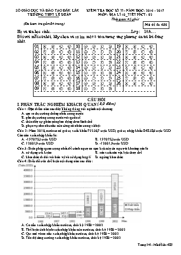 Đề kiểm tra học kì II môn Địa lí 10 - Mã đề 485 - Năm học 2016-2017 - Trường THPT Lê Duẩn (Kèm đáp án)