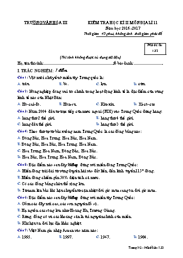 Đề kiểm tra học kì II môn Địa lí 11 - Mã đề 132 - Năm học 2016-2017 - Trường Văn hóa III (Kèm đáp án)