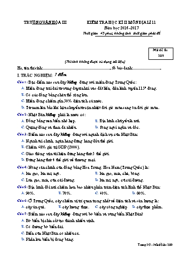 Đề kiểm tra học kì II môn Địa lí 11 - Mã đề 209 - Năm học 2016-2017 - Trường Văn hóa III (Kèm đáp án)