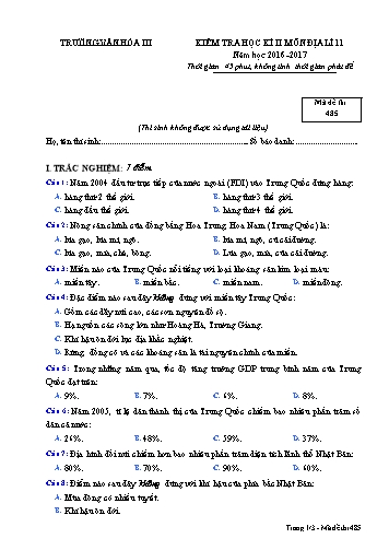 Đề kiểm tra học kì II môn Địa lí 11 - Mã đề 485 - Năm học 2016-2017 - Trường Văn hóa III (Kèm đáp án)