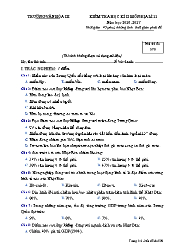 Đề kiểm tra học kì II môn Địa lí 11 - Mã đề 570 - Năm học 2016-2017 - Trường Văn hóa III (Kèm đáp án)