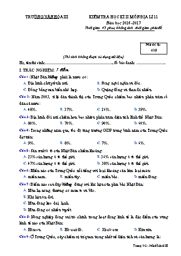 Đề kiểm tra học kì II môn Địa lí 11 - Mã đề 628 - Năm học 2016-2017 - Trường Văn hóa III (Kèm đáp án)