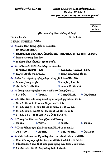 Đề kiểm tra học kì II môn Địa lí Lớp 11 - Mã đề 209 - Năm học 2016-2017 - Trường Văn hóa III (Kèm đáp án)