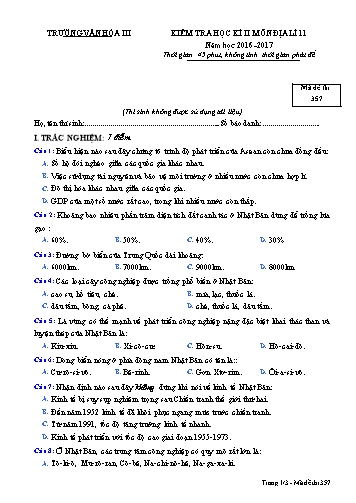 Đề kiểm tra học kì II môn Địa lí Lớp 11 - Mã đề 357 - Năm học 2016-2017 - Trường Văn hóa III (Kèm đáp án)