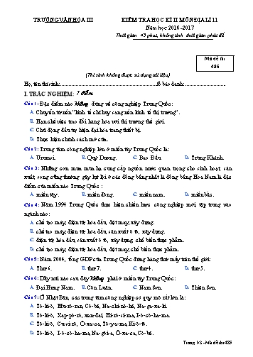 Đề kiểm tra học kì II môn Địa lí Lớp 11 - Mã đề 485 - Năm học 2016-2017 - Trường Văn hóa III (Kèm đáp án)