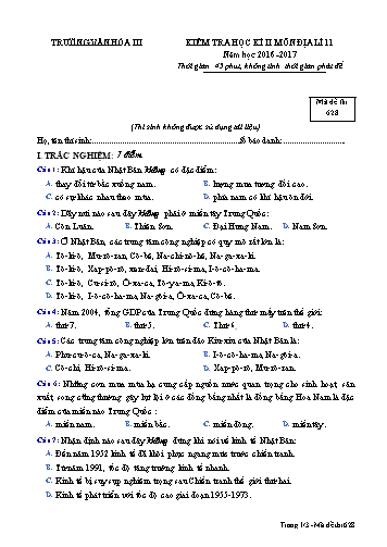 Đề kiểm tra học kì II môn Địa lí Lớp 11 - Mã đề 628 - Năm học 2016-2017 - Trường Văn hóa III (Kèm đáp án)