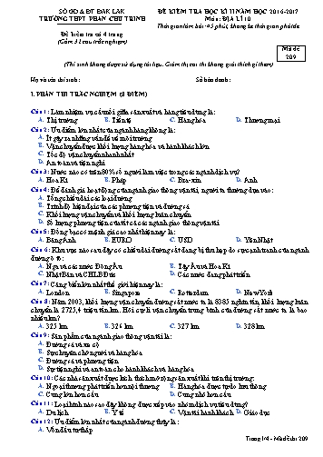 Đề kiểm tra học kì II môn Địa lý 10 - Mã đề 209 - Năm học 2016-2017 - Trường THPT Phan Chu Trinh (Có đáp án)