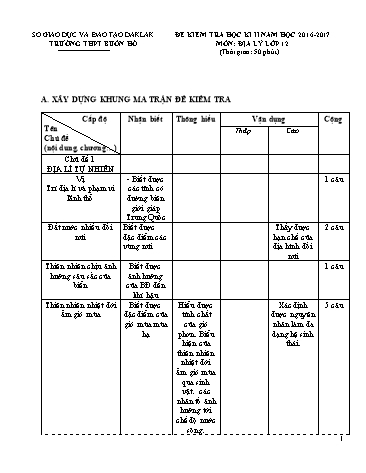 Đề kiểm tra học kì II môn Địa lý 12 - Năm học 2016-2017 - Trường THPT Buôn Hồ (Có đáp án)