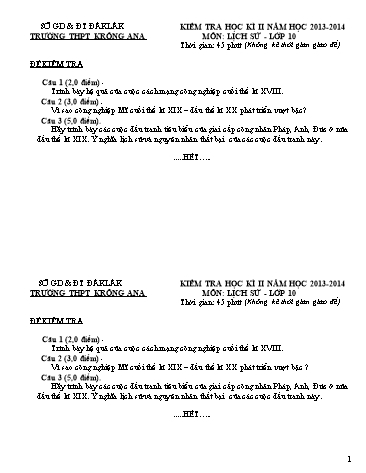 Đề kiểm tra học kì II môn Lịch sử 10 - Năm học 2013-2014 - Trường THCS Krông Ana (Có đáp án)