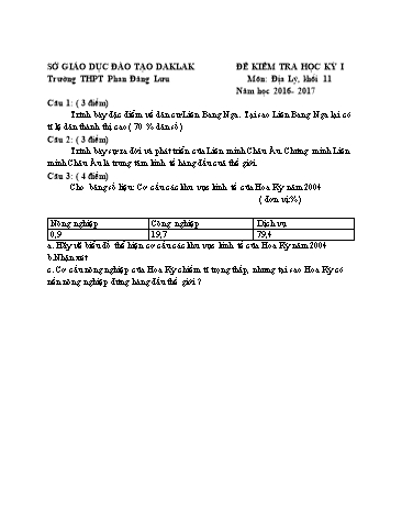 Đề kiểm tra học kỳ I môn Địa lí 11 - Năm học 2016-2017 - Trường THPT Phan Đăng Lưu (Có đáp án)
