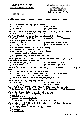 Đề kiểm tra học kỳ I môn Địa lý 11 - Mã đề 209 - Năm học 2016-2017 - Trường THPT Lê Duẩn (Kèm đáp án)