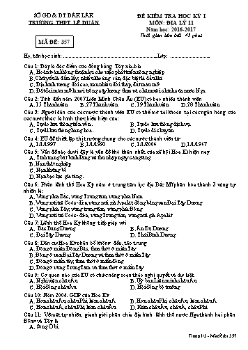 Đề kiểm tra học kỳ I môn Địa lý 11 - Mã đề 357 - Năm học 2016-2017 - Trường THPT Lê Duẩn (Kèm đáp án)
